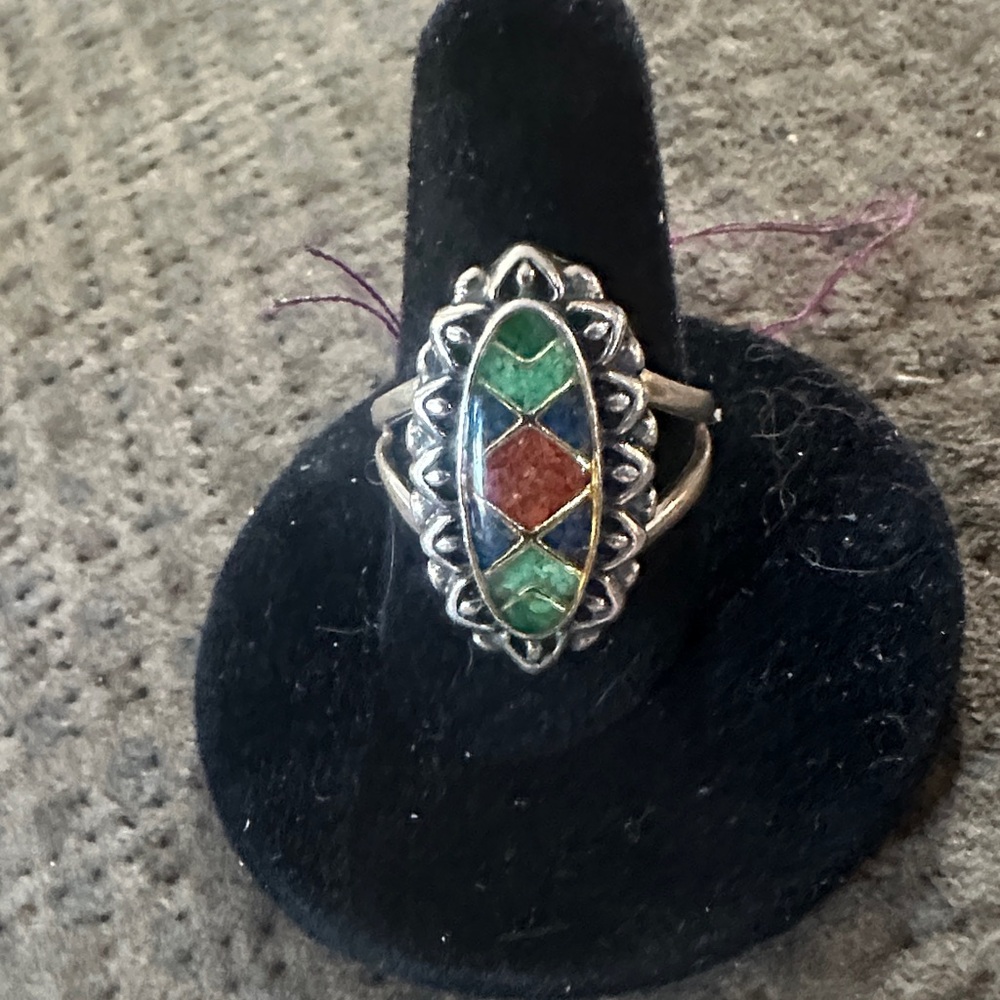 Sterling Silver Multicolor Inlay Oval Ring - Green & Red - Carolyn Pollack